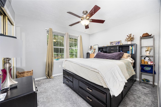 bedroom featuring ceiling fan and carpet floors