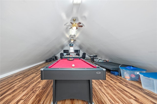 playroom with ceiling fan, hardwood / wood-style floors, vaulted ceiling, and billiards