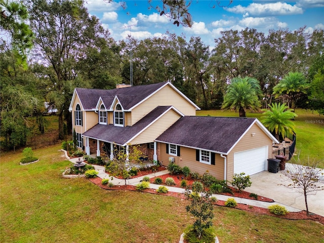 view of front of property featuring a front yard, a garage, and covered porch