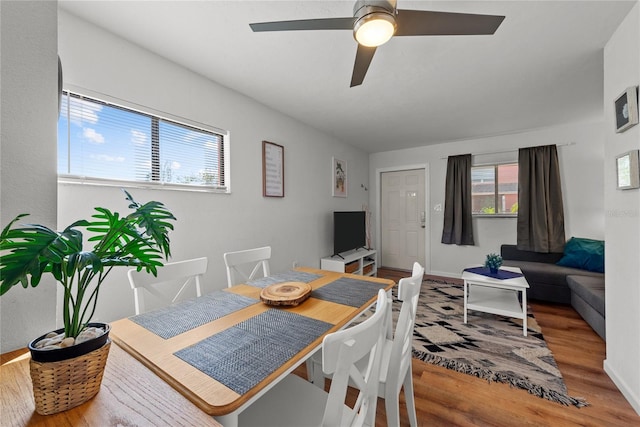 dining room with hardwood / wood-style flooring and ceiling fan