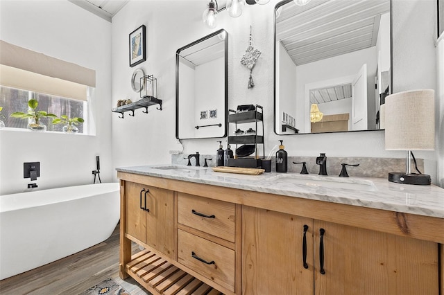 bathroom with wood-type flooring, vanity, and a bathing tub