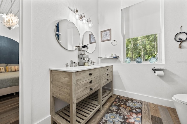 bathroom with vanity, toilet, and wood-type flooring