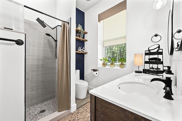 bathroom featuring wood-type flooring, vanity, toilet, and walk in shower