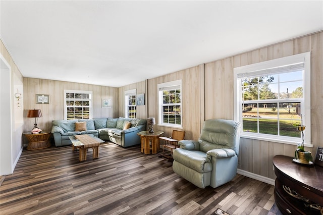 living room with dark hardwood / wood-style floors, plenty of natural light, and wooden walls