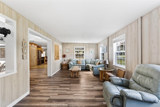 living room with wood walls and dark hardwood / wood-style floors