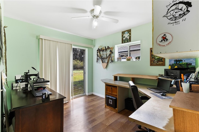 office with ceiling fan and dark wood-type flooring