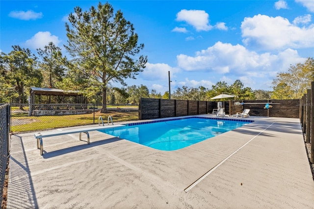 view of pool with a diving board and a patio