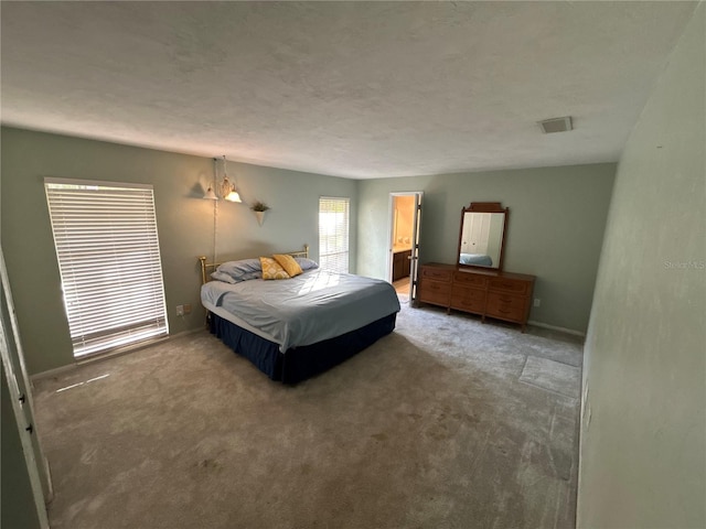 bedroom featuring carpet, a textured ceiling, and ensuite bath