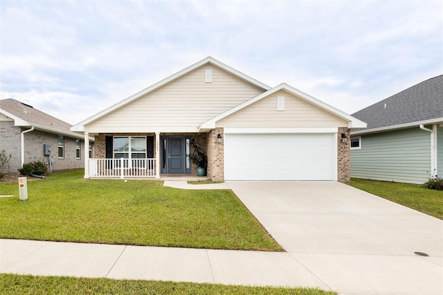 ranch-style house with covered porch, a garage, and a front lawn