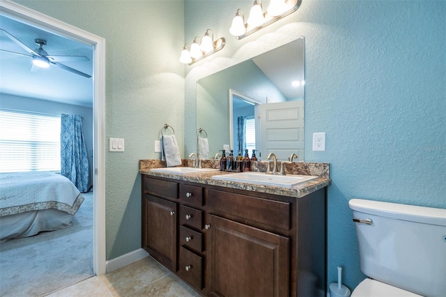 bathroom with tile patterned floors, ceiling fan, vanity, and toilet