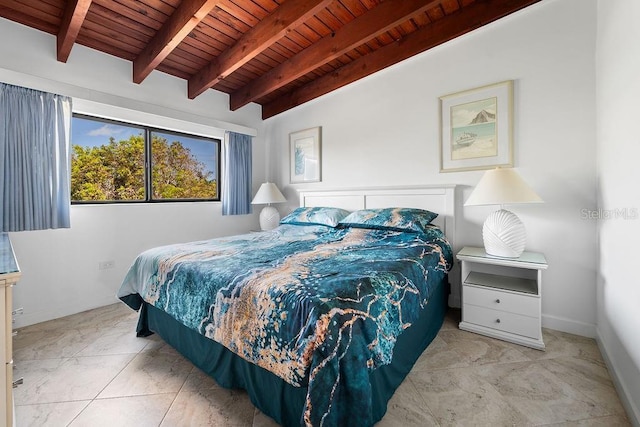 bedroom featuring lofted ceiling with beams and wood ceiling