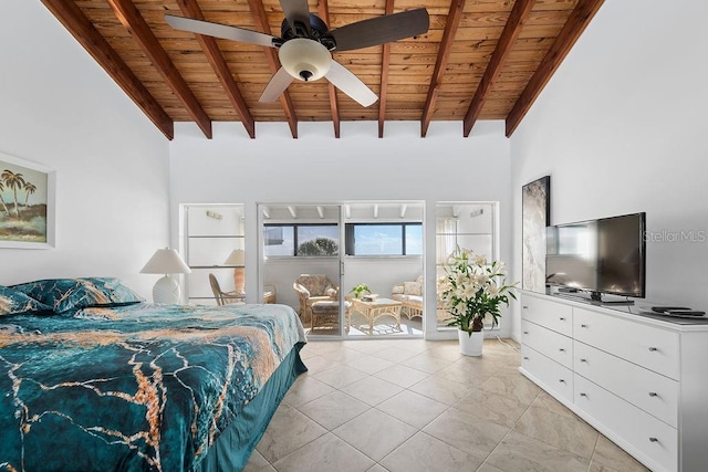 tiled bedroom featuring beamed ceiling, a high ceiling, ceiling fan, and wooden ceiling