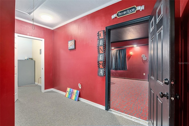 hallway with crown molding and carpet floors