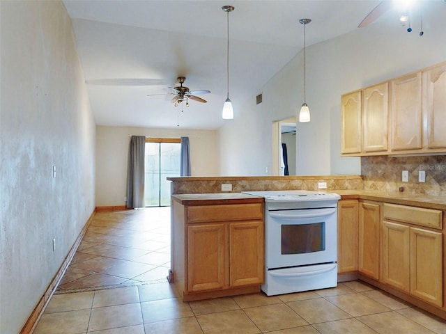 kitchen featuring electric range, light brown cabinets, backsplash, vaulted ceiling, and light tile patterned floors