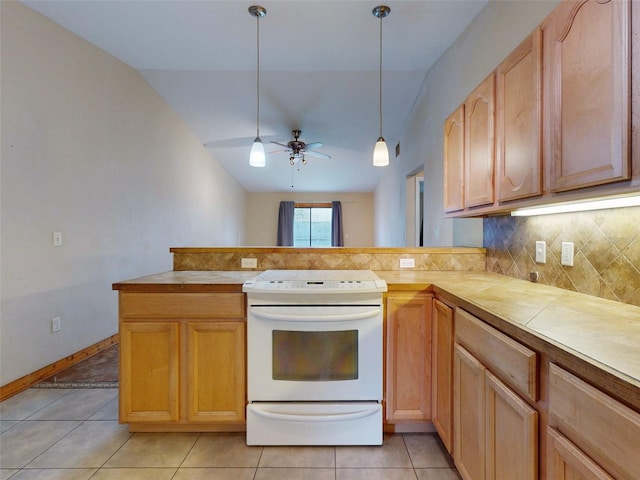 kitchen with white electric range oven, vaulted ceiling, ceiling fan, light tile patterned floors, and light brown cabinets