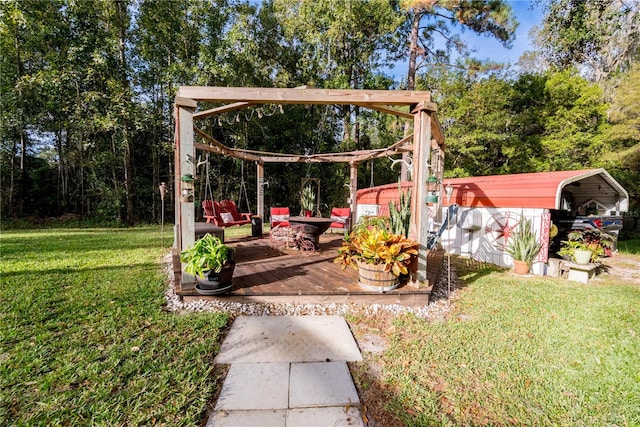 view of yard with a jacuzzi, outdoor lounge area, a carport, and a wooden deck