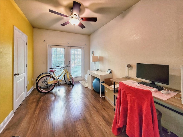 office space with hardwood / wood-style flooring, ceiling fan, and french doors