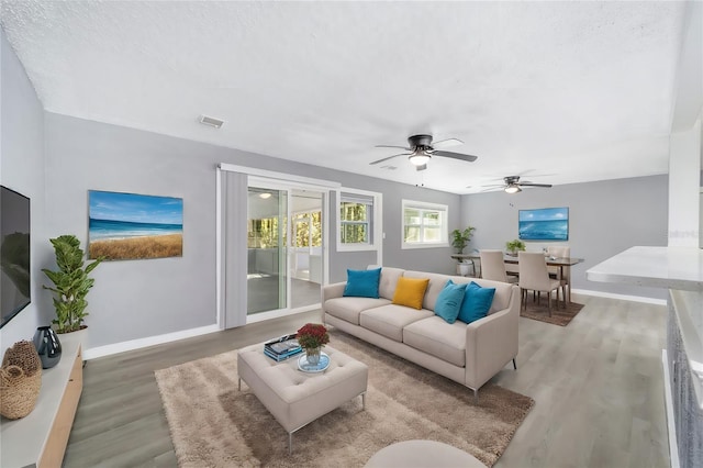 living room with ceiling fan and wood-type flooring