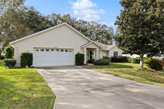 ranch-style house with a garage and a front lawn