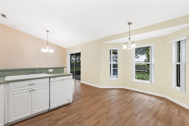 kitchen with a notable chandelier, dishwasher, light hardwood / wood-style floors, and white cabinetry