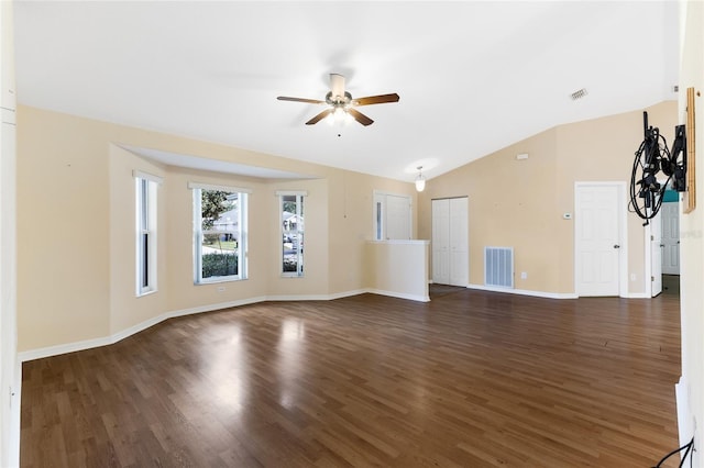 unfurnished living room with dark hardwood / wood-style floors, ceiling fan, and lofted ceiling