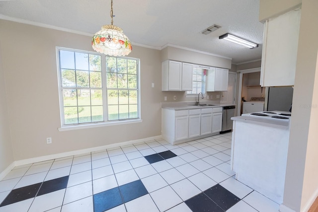 kitchen with dishwasher, sink, hanging light fixtures, washer / dryer, and white cabinets