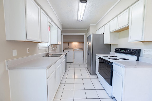 kitchen with sink, separate washer and dryer, ornamental molding, white cabinetry, and stainless steel appliances