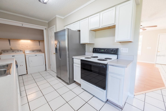 kitchen featuring white cabinetry, stainless steel refrigerator with ice dispenser, white electric stove, a textured ceiling, and washer and clothes dryer