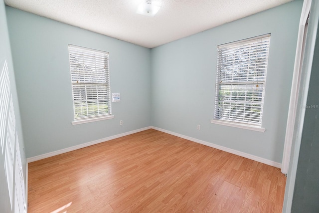 empty room with a wealth of natural light, light hardwood / wood-style flooring, and a textured ceiling