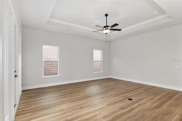 empty room featuring plenty of natural light, a raised ceiling, and light hardwood / wood-style flooring