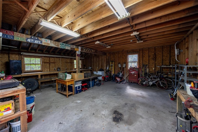 garage with a workshop area