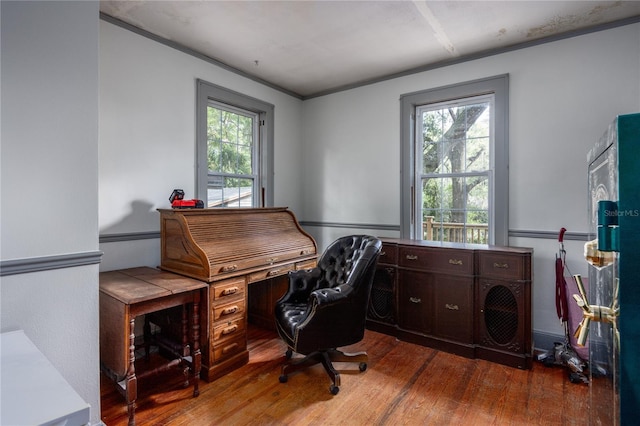 home office featuring plenty of natural light and hardwood / wood-style flooring