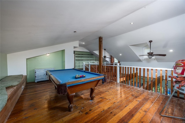 game room with billiards, a ceiling fan, recessed lighting, vaulted ceiling, and hardwood / wood-style flooring