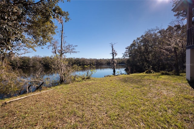 view of yard featuring a water view and a wooded view