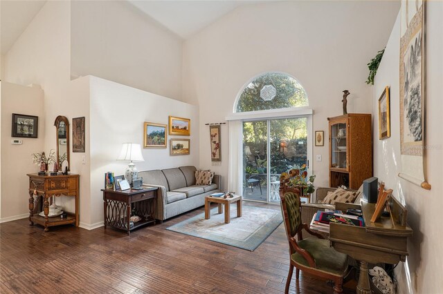 living room featuring high vaulted ceiling and dark hardwood / wood-style floors