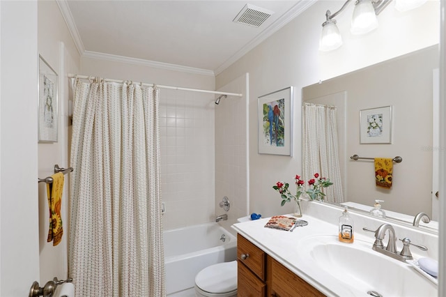 full bathroom featuring shower / bath combo, toilet, crown molding, and vanity