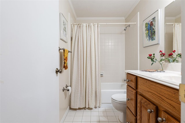 full bathroom featuring ornamental molding, vanity, shower / tub combo with curtain, tile patterned flooring, and toilet