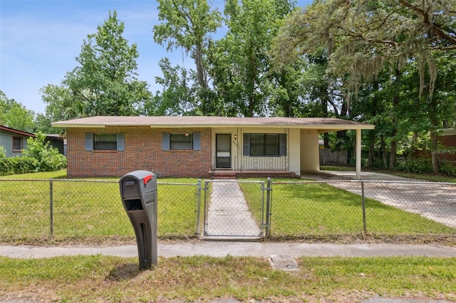 single story home featuring a porch and a front yard