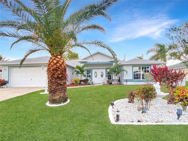 ranch-style house featuring a garage and a front lawn