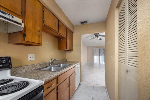 kitchen featuring white appliances, ventilation hood, ceiling fan, sink, and light tile patterned flooring