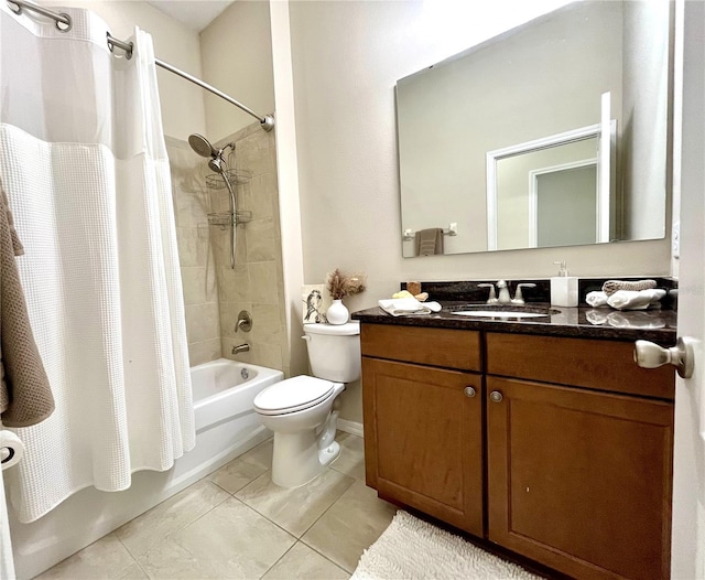 full bathroom with tile patterned flooring, vanity, toilet, and shower / bathtub combination with curtain