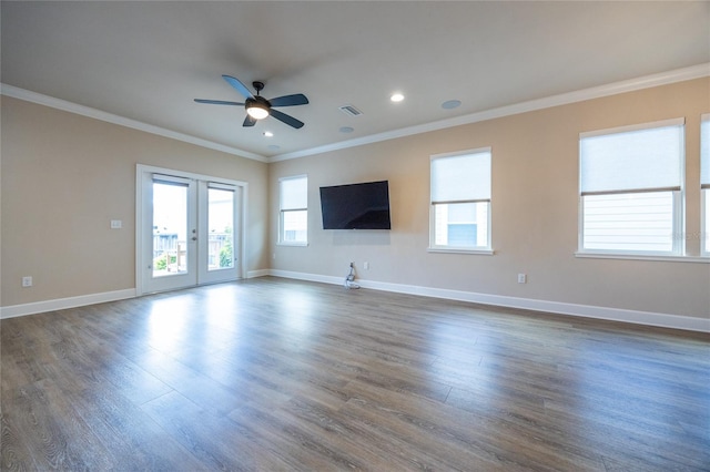 unfurnished living room with ceiling fan, dark hardwood / wood-style floors, and ornamental molding