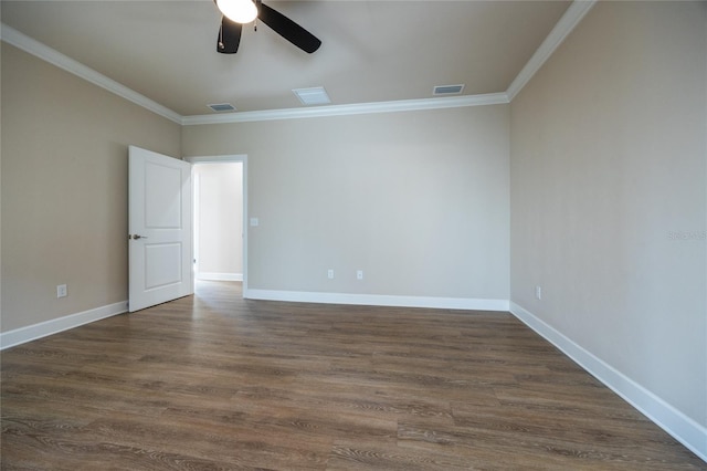 unfurnished room with crown molding, ceiling fan, and dark wood-type flooring