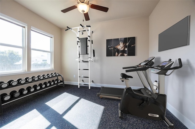 exercise area with ceiling fan