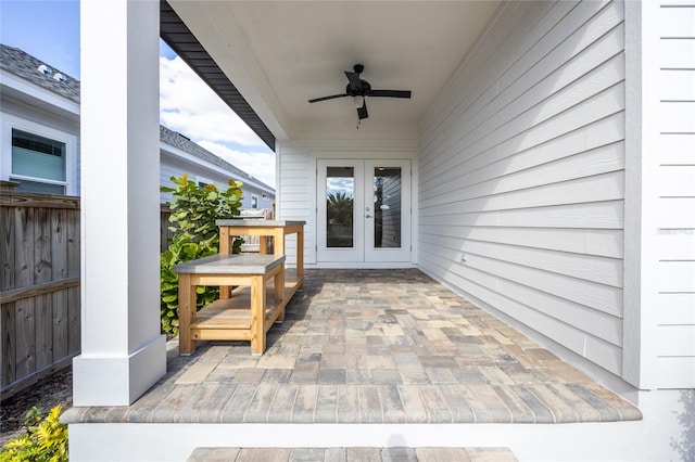 view of patio / terrace featuring french doors and ceiling fan