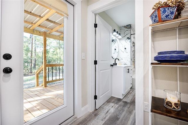 doorway to outside featuring hardwood / wood-style floors and sink