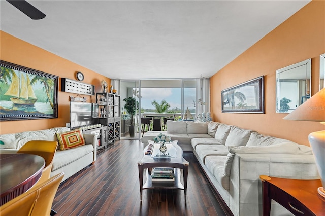 living room featuring dark wood-type flooring and a wall of windows