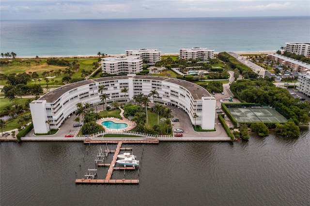 aerial view featuring a water view