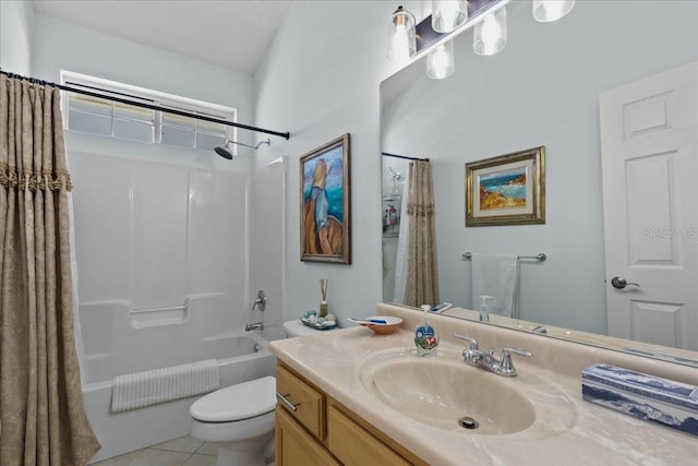 full bathroom with tile patterned flooring, shower / tub combo, vanity, and toilet