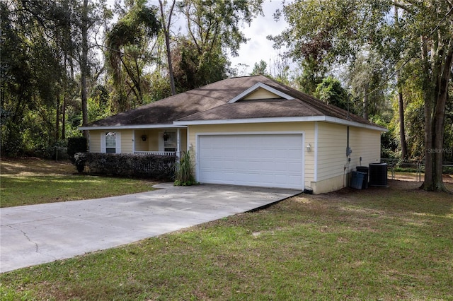 single story home with covered porch, a garage, a front lawn, and cooling unit